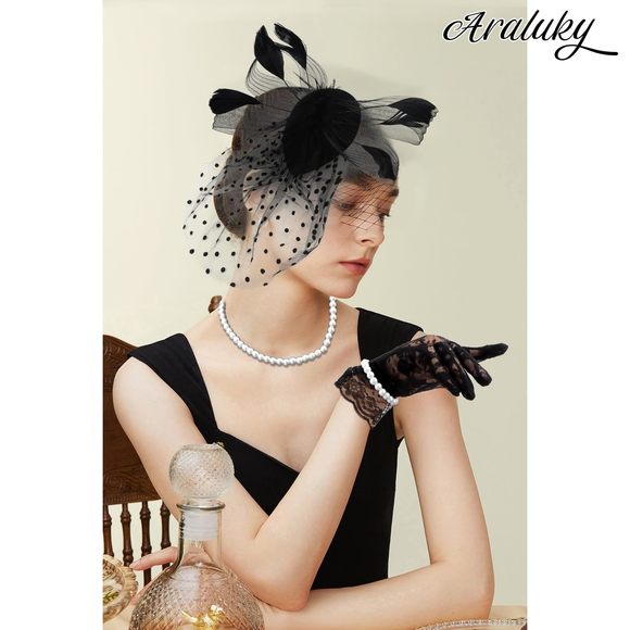 1920s Fascinators Hats For Women, Tea Party Set And Lace Glovess Pearl Jewelry💙 - Picture 2 of 7